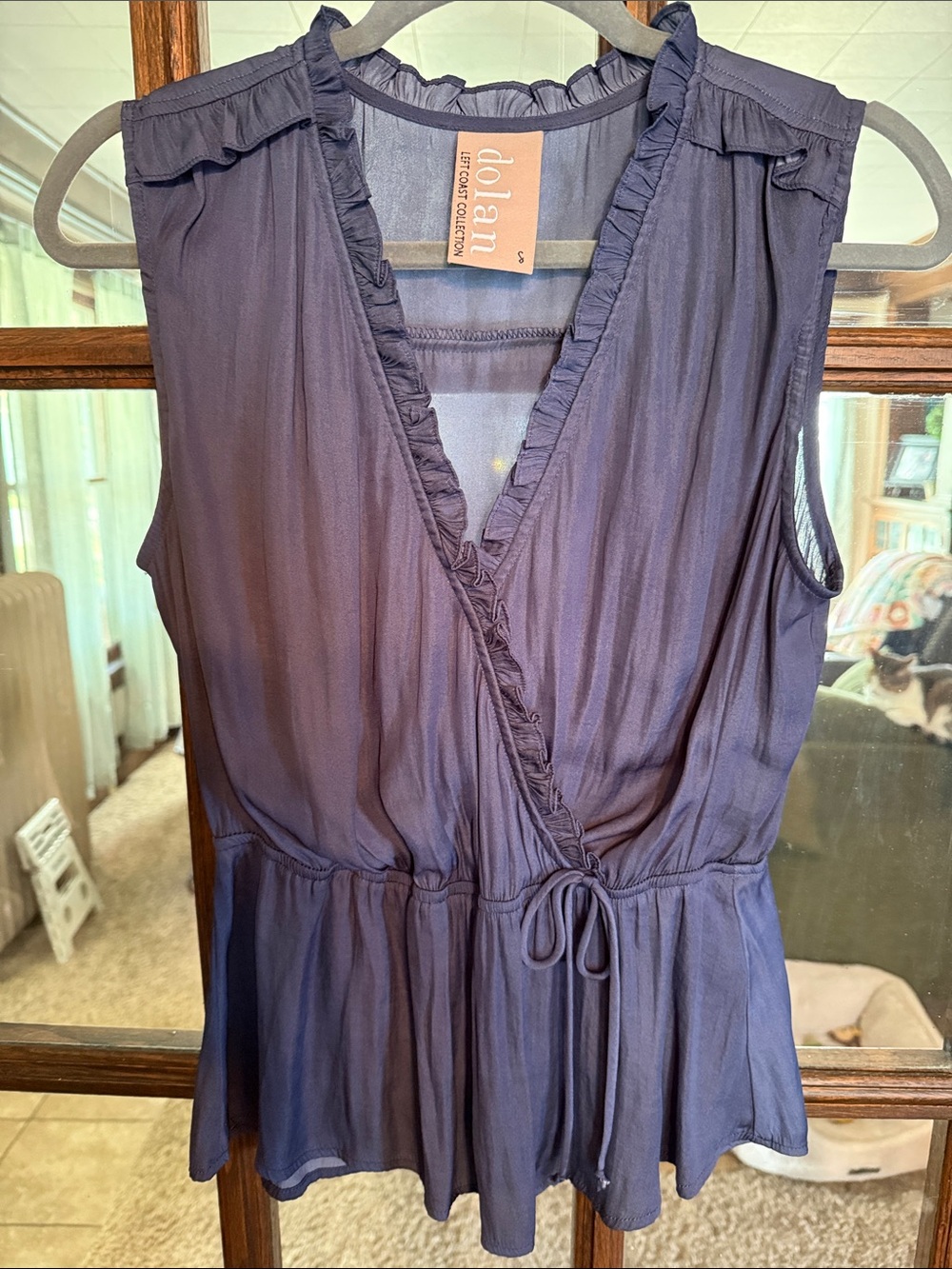 Dolan Left Coast Collection Navy Blue Ruffle Wrap Peplum Blouse Sleeveless Small